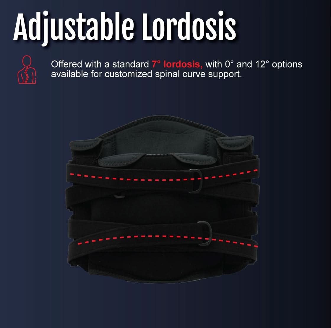 Black adjustable lumbar support brace with multiple straps and red dotted lines showing customizable lordosis area, made in.
