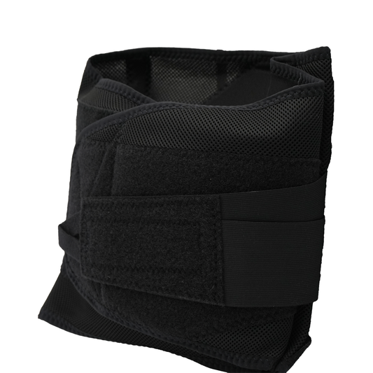 Black Control Fit LSO orthopedic brace with adjustable Velcro straps, breathable mesh fabric, and sturdy support panels,.