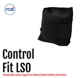Black lumbar support brace with adjustable straps and hook-and-loop closures, designed for stability, made in the USA by.