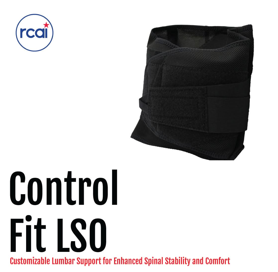 Black lumbar support brace with adjustable straps and hook-and-loop closures, designed for stability, made in the USA by.