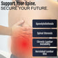 Man wearing beige lumbar support brace highlighting lower back pain areas with red glow and black text boxes listing spinal.
