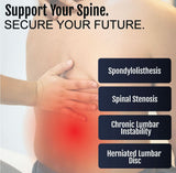 Man wearing beige lumbar support brace highlighting lower back pain areas with red glow and black text boxes listing spinal.