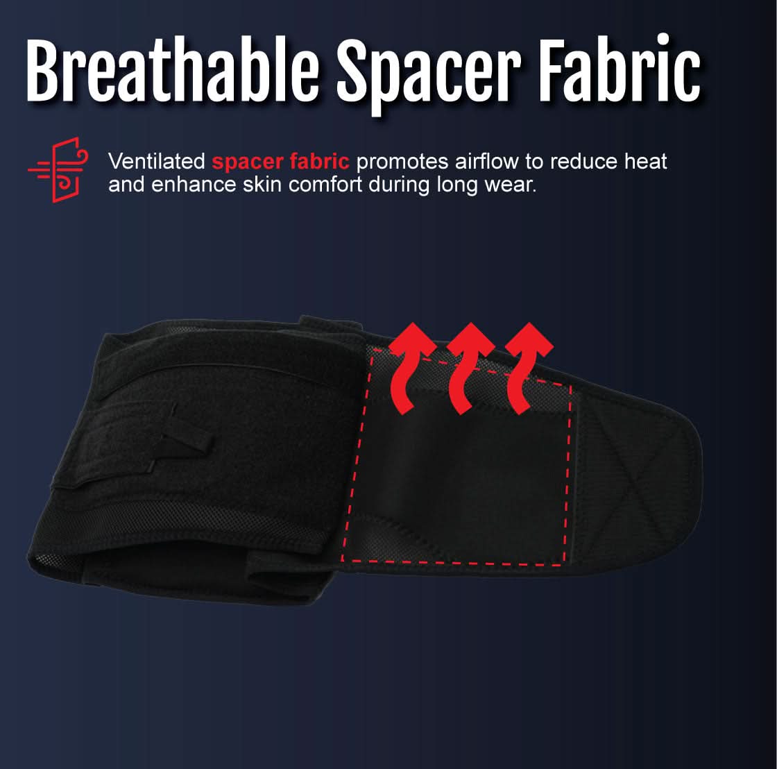 Black Control Fit LSO lumbar support brace with breathable spacer fabric, designed for airflow and heat reduction, made in.