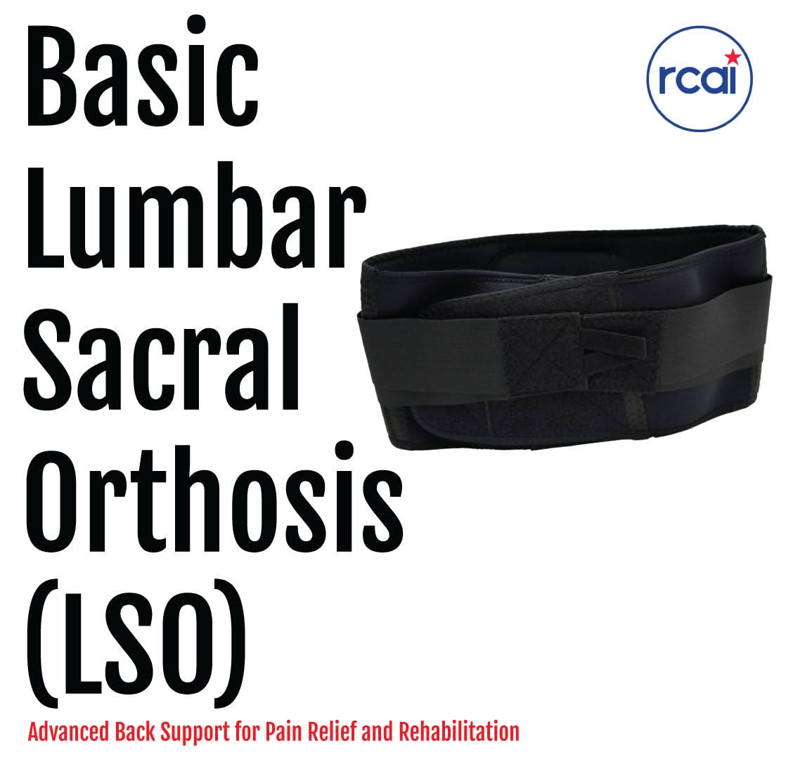Black RCAI Basic Lumbar Sacral Orthosis brace with adjustable Velcro straps, designed for superior back support, made in the .