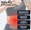 Woman wearing black RCAI Basic Lumbar Sacral Orthosis brace around lower back with red highlight for pain relief,.