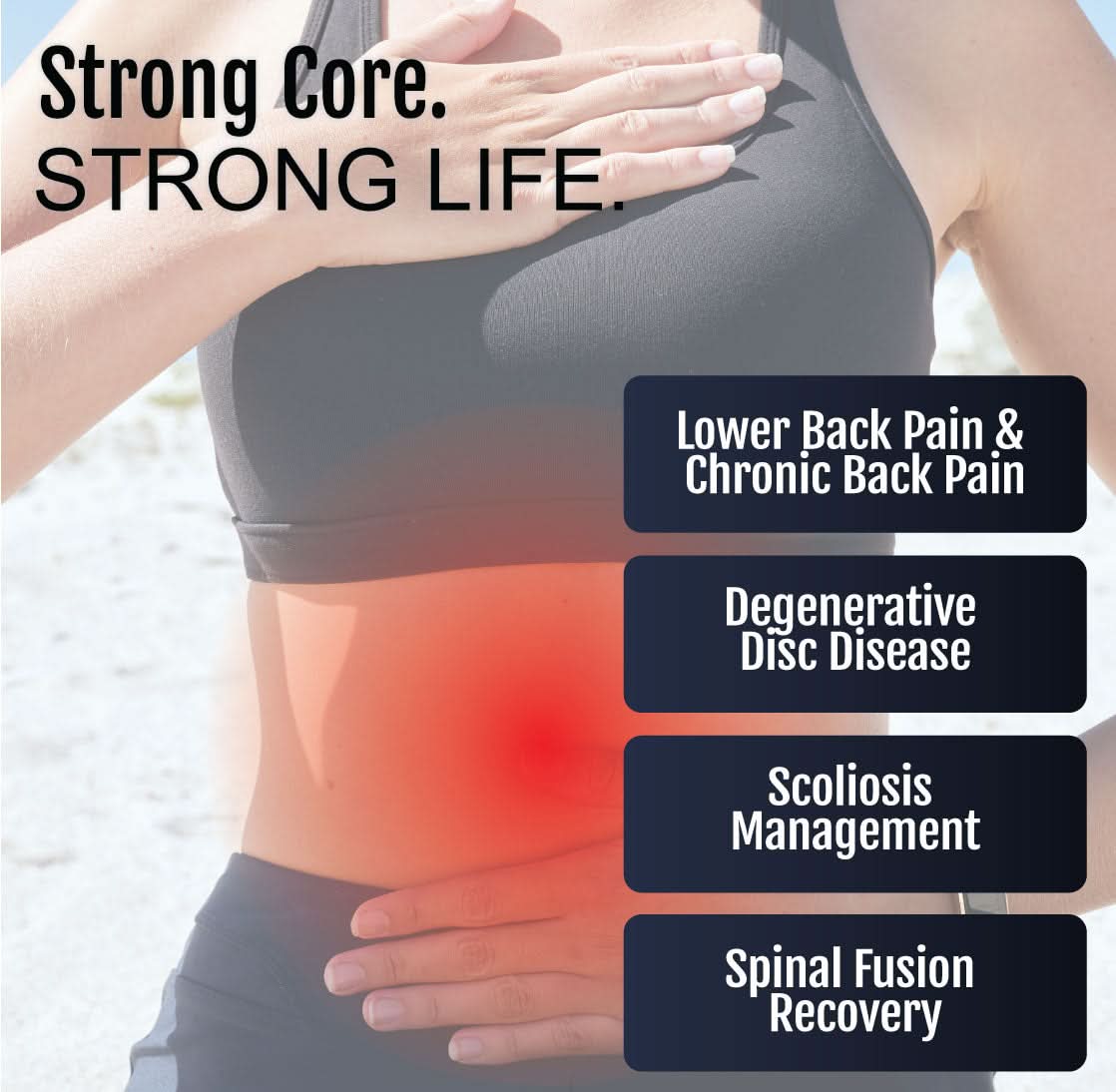 Woman wearing black RCAI Basic Lumbar Sacral Orthosis with red highlight on lower back showing support for pain relief, made .