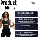 Woman wearing black RCAI Basic Lumbar Sacral Orthosis with adjustable straps, made in the USA, showcasing optimal spinal.