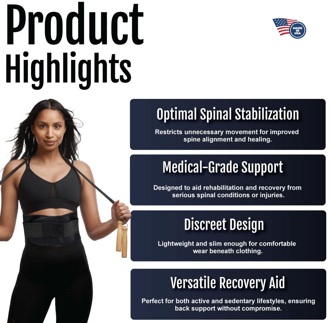 Woman wearing black RCAI Basic Lumbar Sacral Orthosis with adjustable straps, made in the USA, showcasing optimal spinal.