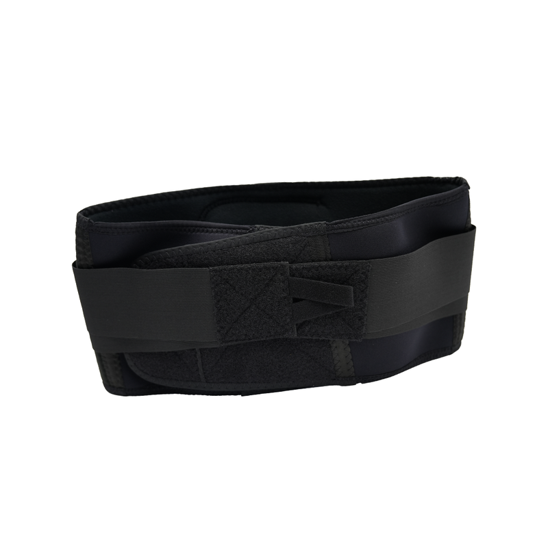 Black RCAI Basic Lumbar Sacral Orthosis with wide adjustable straps and hook-and-loop fasteners, designed for superior back.