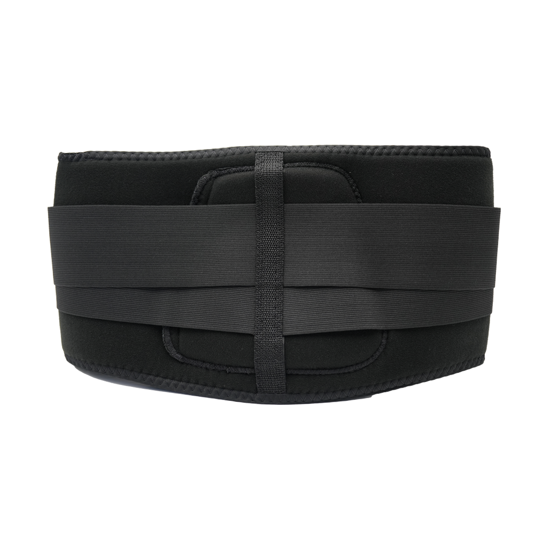 Black RCAI Basic Lumbar Sacral Orthosis back support brace with wide elastic straps, made in the USA, ideal for B2B.