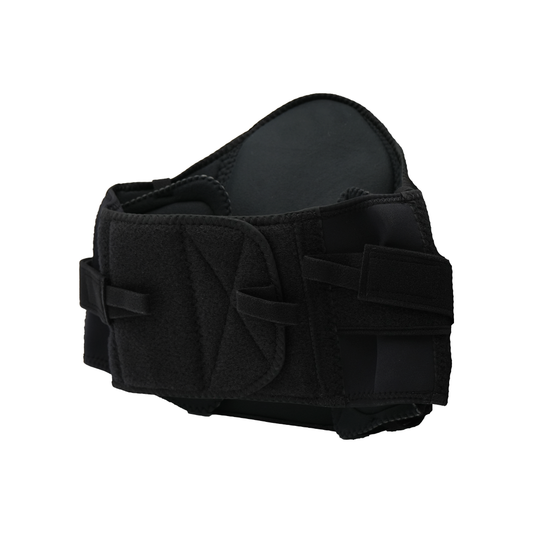 Black lumbar sacral support belt with adjustable side panels and Velcro straps, made in the USA, best orthopedic brace for.
