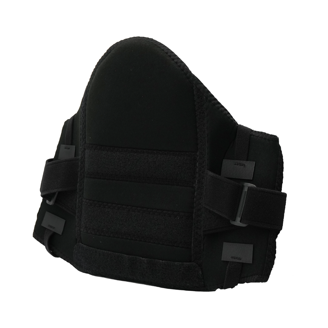 Black lumbar sacral support brace with padded side panels, adjustable straps, made in the USA, best orthopedic braces, RCAI, .