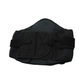 Black lumbar sacral support brace with wide adjustable side panels, hook-and-loop fasteners, and contoured back padding,.
