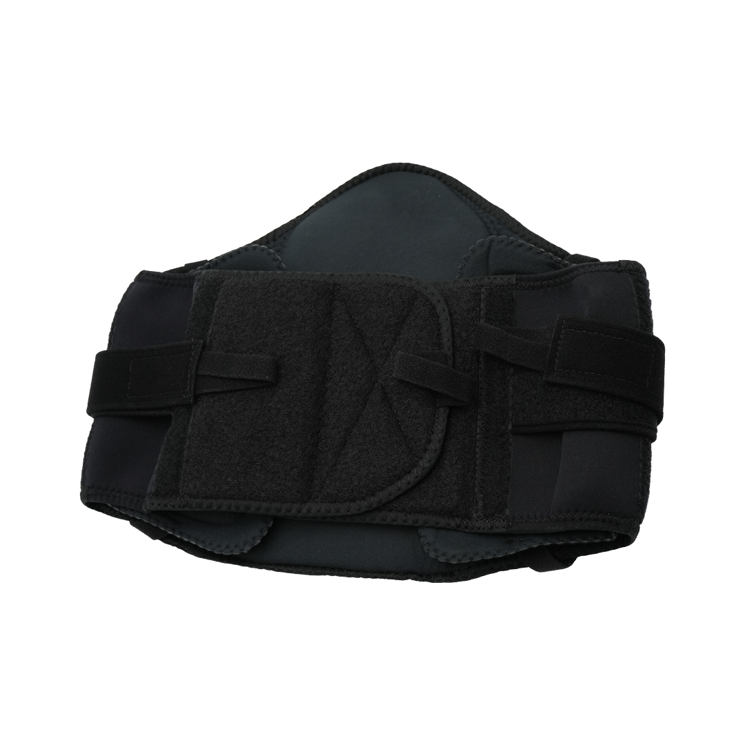 Black lumbar sacral support brace with wide adjustable side panels, hook-and-loop fasteners, and contoured back padding,.