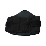 Black lumbar sacral support brace with wide adjustable side panels and Velcro straps, made in the USA, best orthopedic.