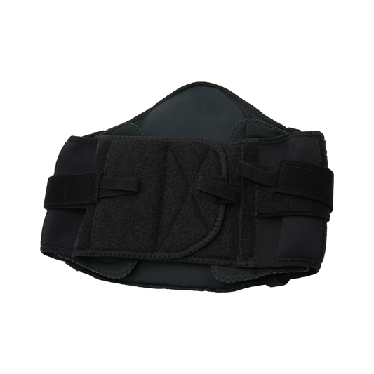 Black lumbar sacral support brace with wide adjustable side panels, hook-and-loop fasteners, and contoured back padding,.