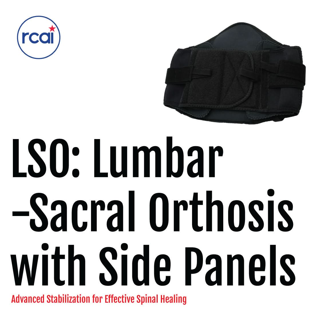 Black lumbar sacral support brace with adjustable side panels and wide Velcro straps, made in the USA, rcaI, best orthopedic .