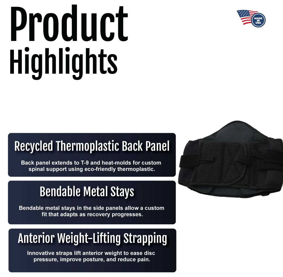 Black lumbar sacral support with side panels featuring a recycled thermoplastic back panel and bendable metal stays, labeled .