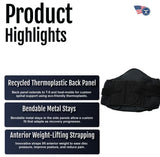Black lumbar sacral support with side panels, recycled thermoplastic back panel and bendable metal stays, made in the USA,.