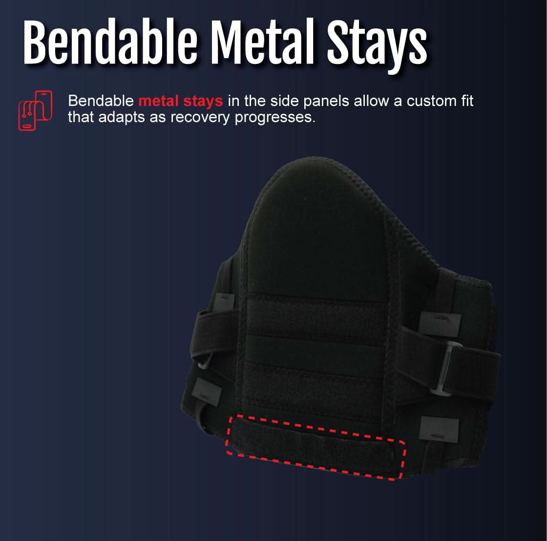 Black lumbar sacral support with side panels and bendable metal stays for custom fit, made in the USA, RCAI, B2B orthopedics .