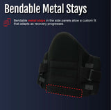 Black lumbar sacral support brace with side panels and adjustable straps, featuring bendable metal stays for customizable.