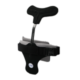 Black and gray Hyperextension Orthosis with adjustable padded strap and T-shaped support bar, made in the USA, branded with.