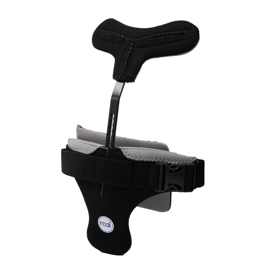 Black and gray Hyperextension Orthosis with adjustable padded strap and T-shaped support bar, made in the USA, branded with.