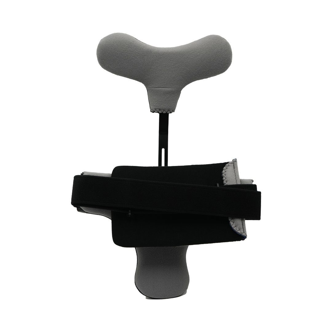 Gray padded hyperextension orthosis brace with black adjustable straps, metal support bar, made in the USA, RCAI, best.