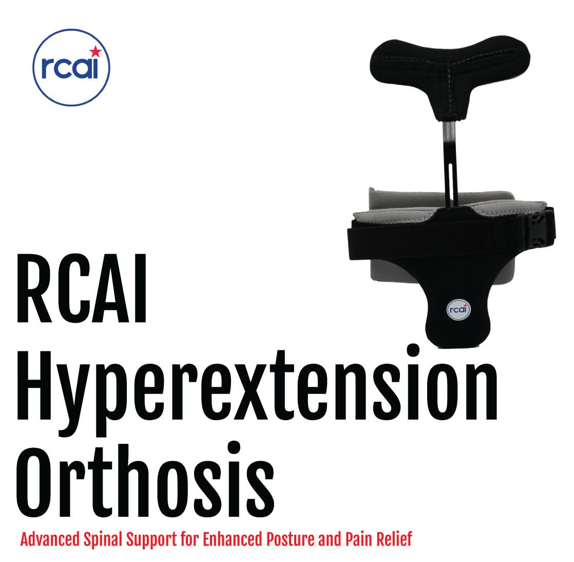 Black and gray Hyperextension Orthosis with adjustable support bar and padded thigh strap, made in the USA, RCAI, best.