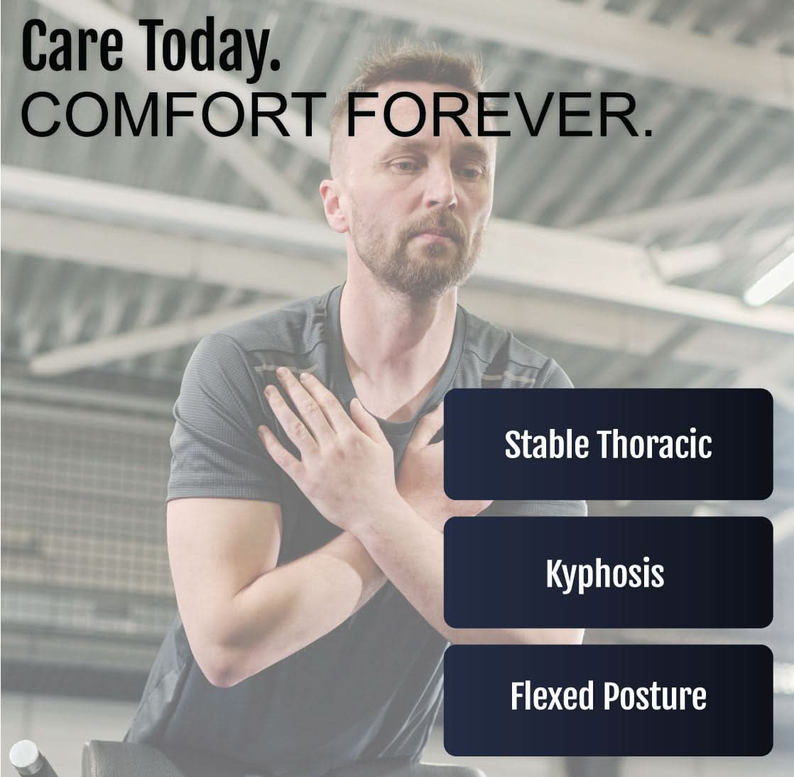 Man wearing black Hyperextension Orthosis brace supporting upper back and shoulders, emphasizing stable thoracic, kyphosis,.