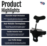 Black hyperextension orthosis with adjustable height mechanism, heat-moldable thermoplastic body, and curved flexible.