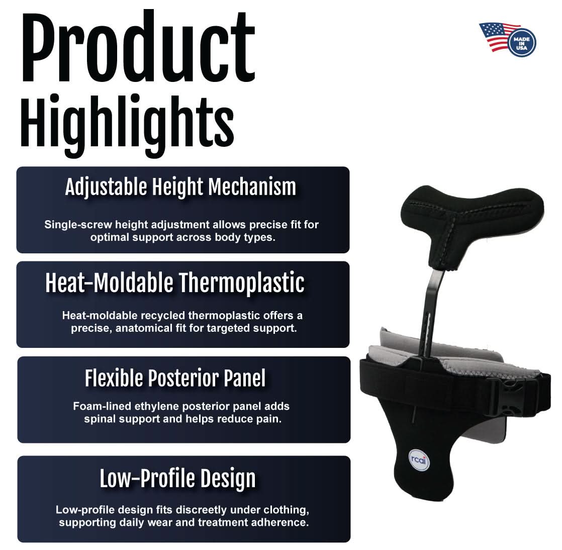 Black hyperextension orthosis with adjustable height mechanism, heat-moldable thermoplastic body, and curved flexible.