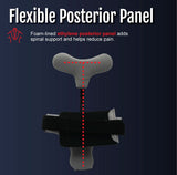 Black hyperextension orthosis with foam-lined flexible posterior panel, adjustable straps, made in the USA, RCAI, top choice .