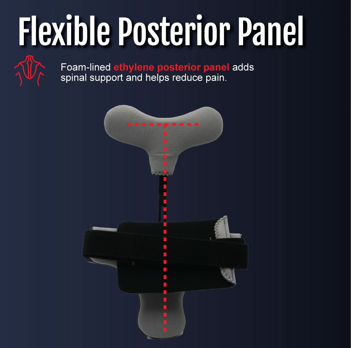 Black hyperextension orthosis with foam-lined flexible posterior panel, adjustable straps, made in the USA, RCAI, top choice .