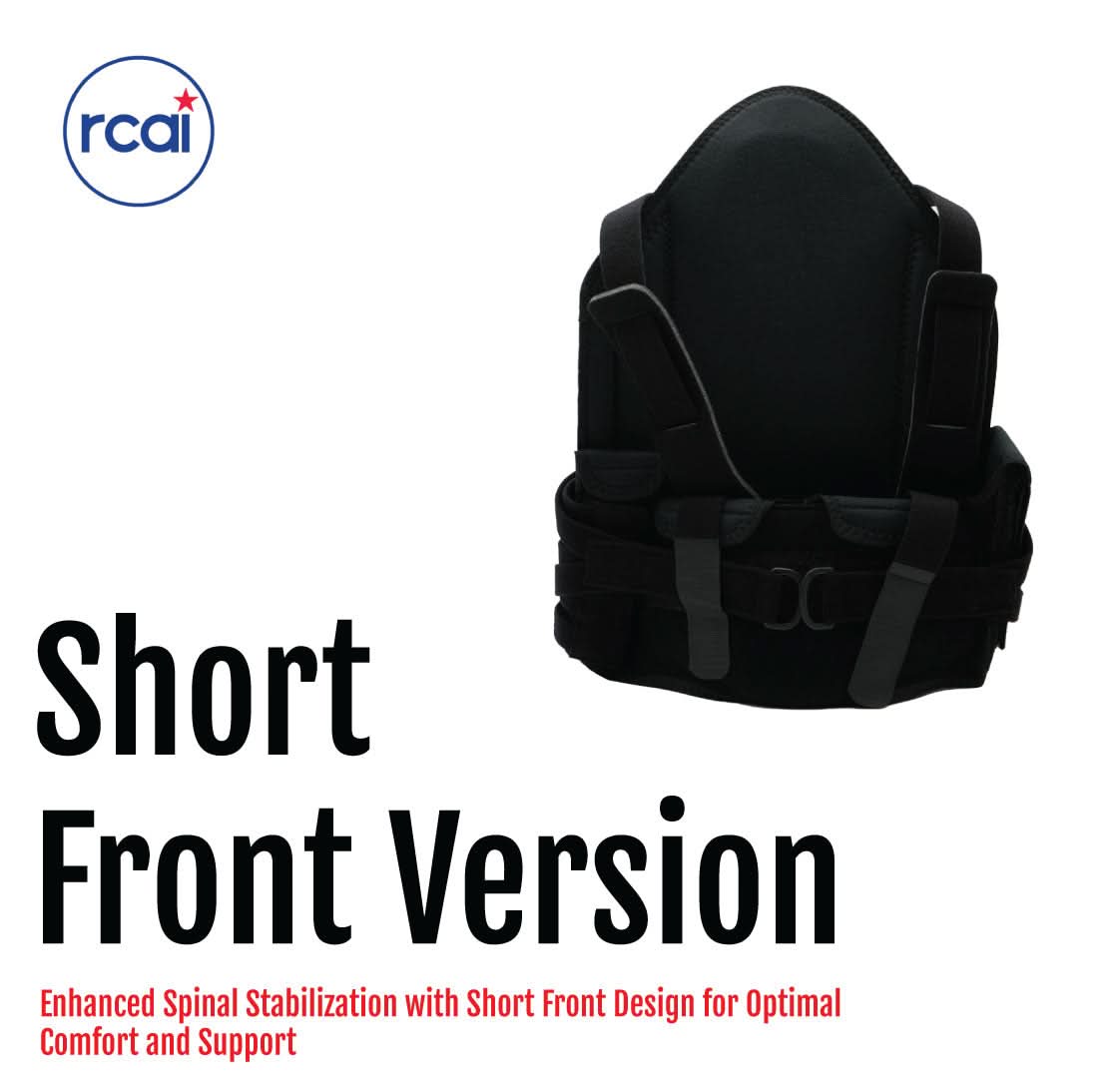 Black short front TLSO brace with adjustable straps and padded support, made in the USA by RCAI, best orthopedic braces for.