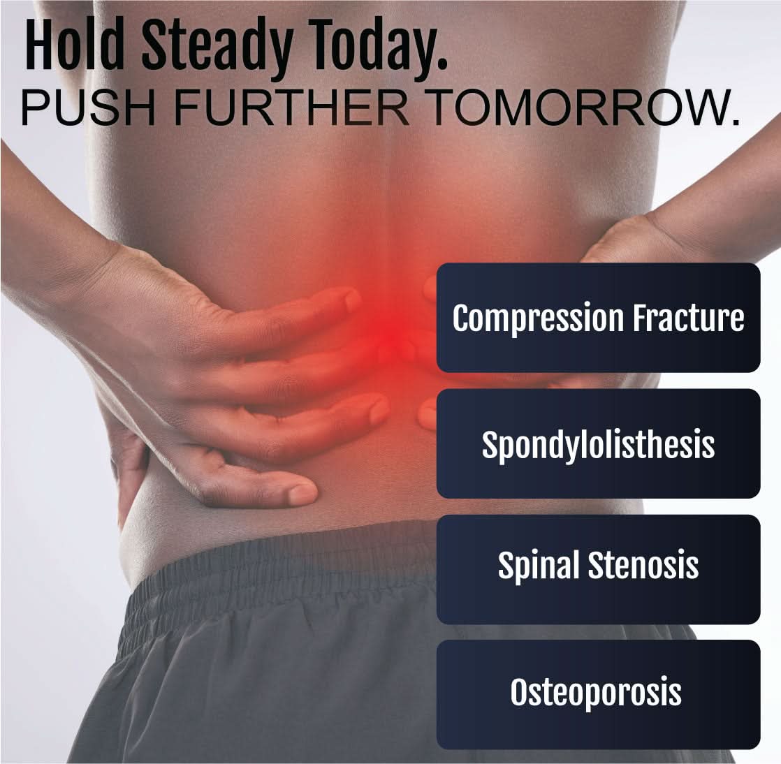 Back view of torso wearing black RCAI TLSO short front brace, highlighting lumbar support for compression fracture,.