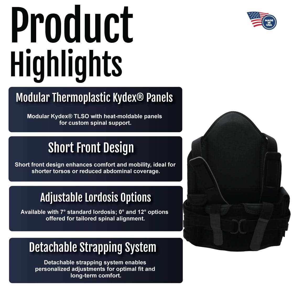Black RCAI TLSO short front brace with modular thermoplastic Kydex panels, adjustable lordosis options, and detachable.