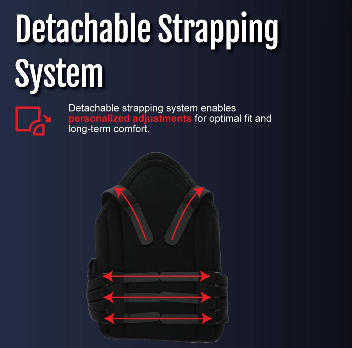 Black RCAI TLSO short front brace with detachable strapping system showing adjustable red straps for personalized fit, made.