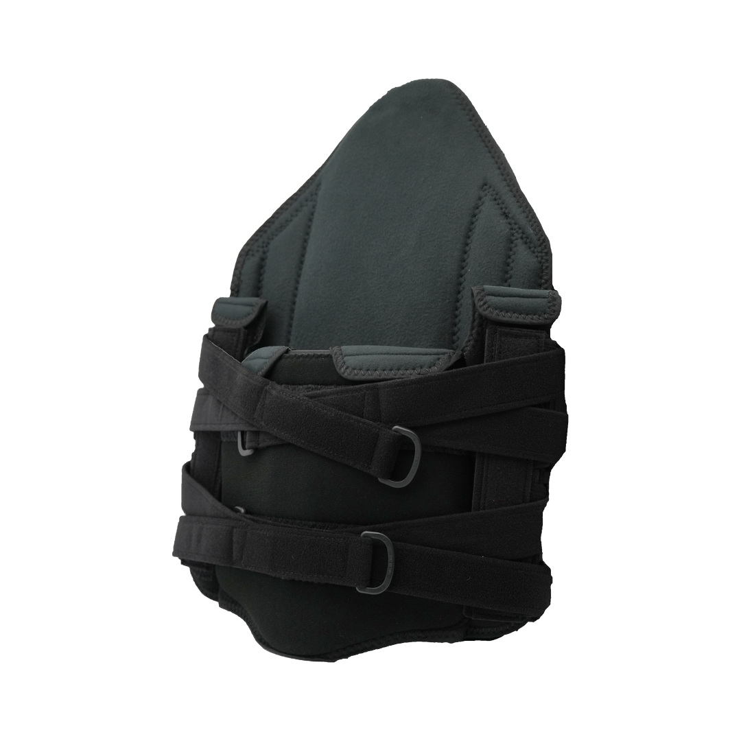 Black RCAI TLSO orthopedic brace with adjustable padded straps and contoured rigid shell, made in the USA, best orthopedic.