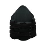 Black RCAI TLSO orthopedic brace with adjustable cross straps, sturdy fabric, made in the USA, ideal for B2B orthopedics.