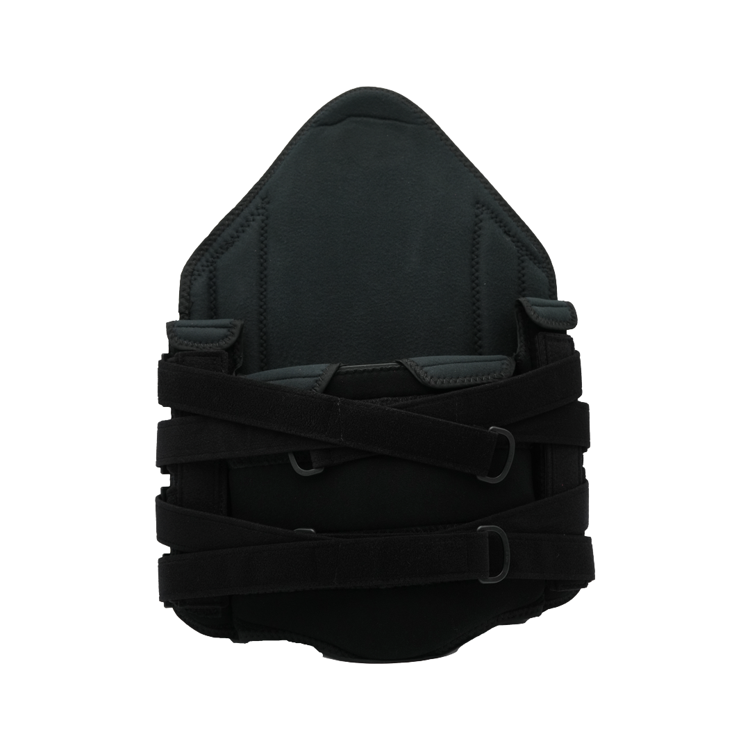 Black RCAI TLSO orthopedic brace with adjustable cross straps, sturdy fabric, made in the USA, ideal for B2B orthopedics.
