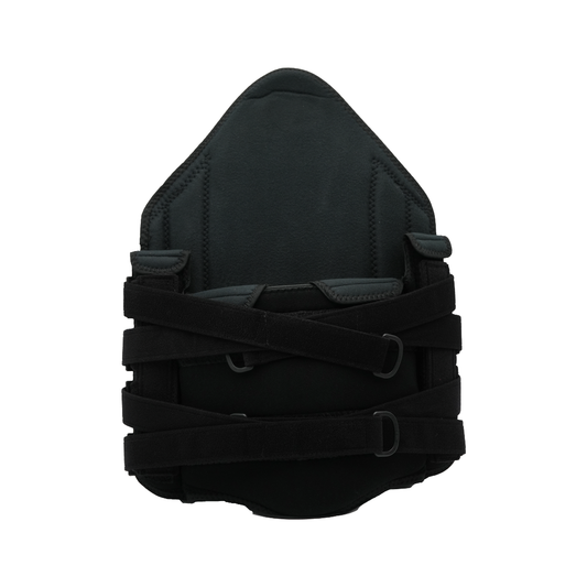 Black RCAI TLSO orthopedic brace with adjustable cross straps, sturdy fabric, made in the USA, ideal for B2B orthopedics.