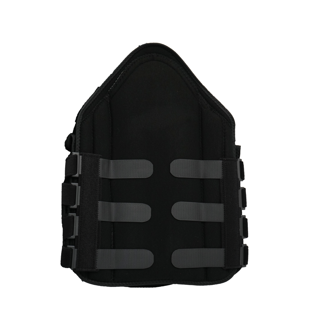 Black RCAI TLSO back brace with adjustable horizontal straps and secure side closures, made in the USA, best orthopedic.