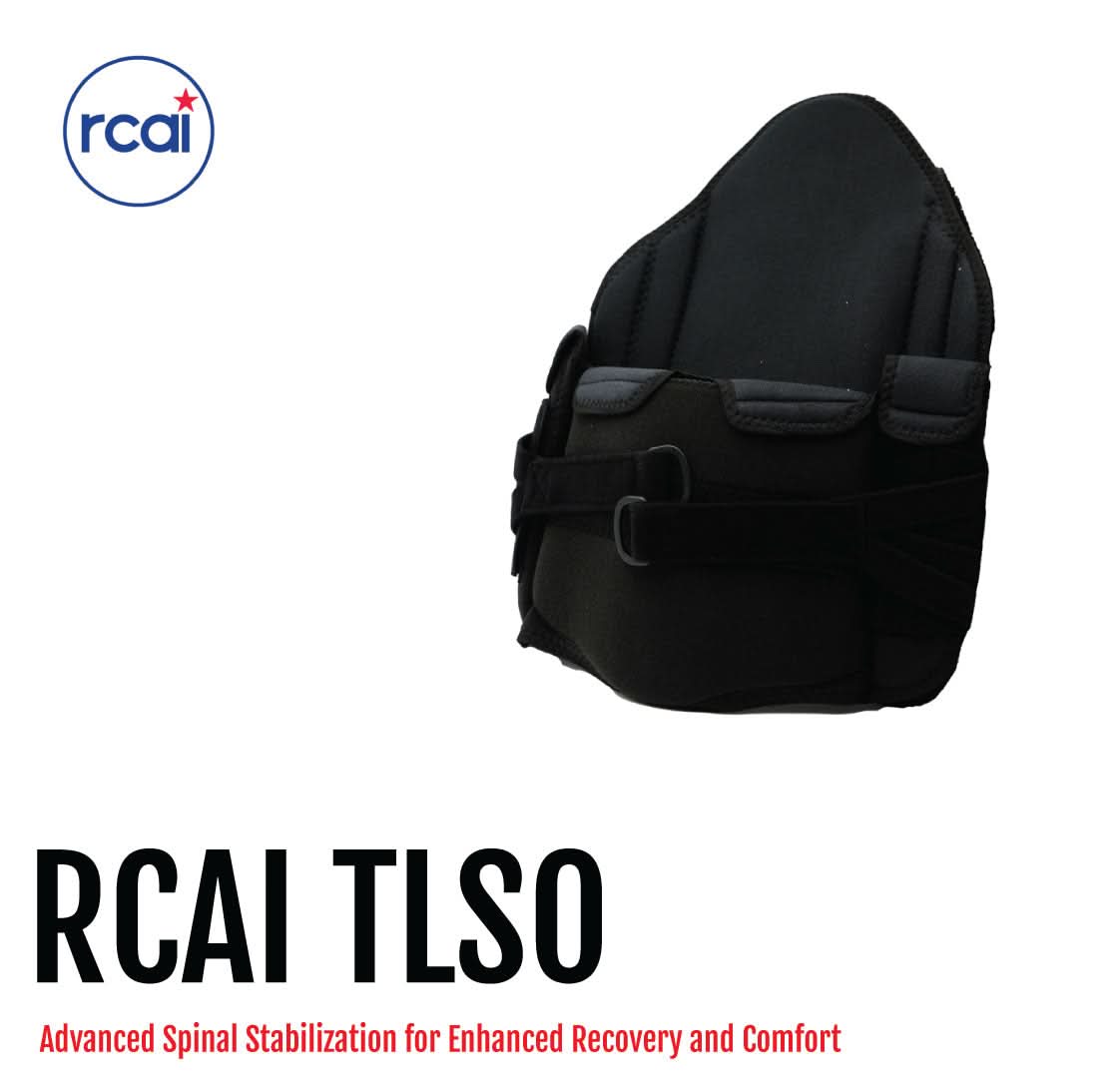 Black RCAI TLSO spinal stabilization brace with adjustable straps and padded support, made in the USA, top choice for B2B.
