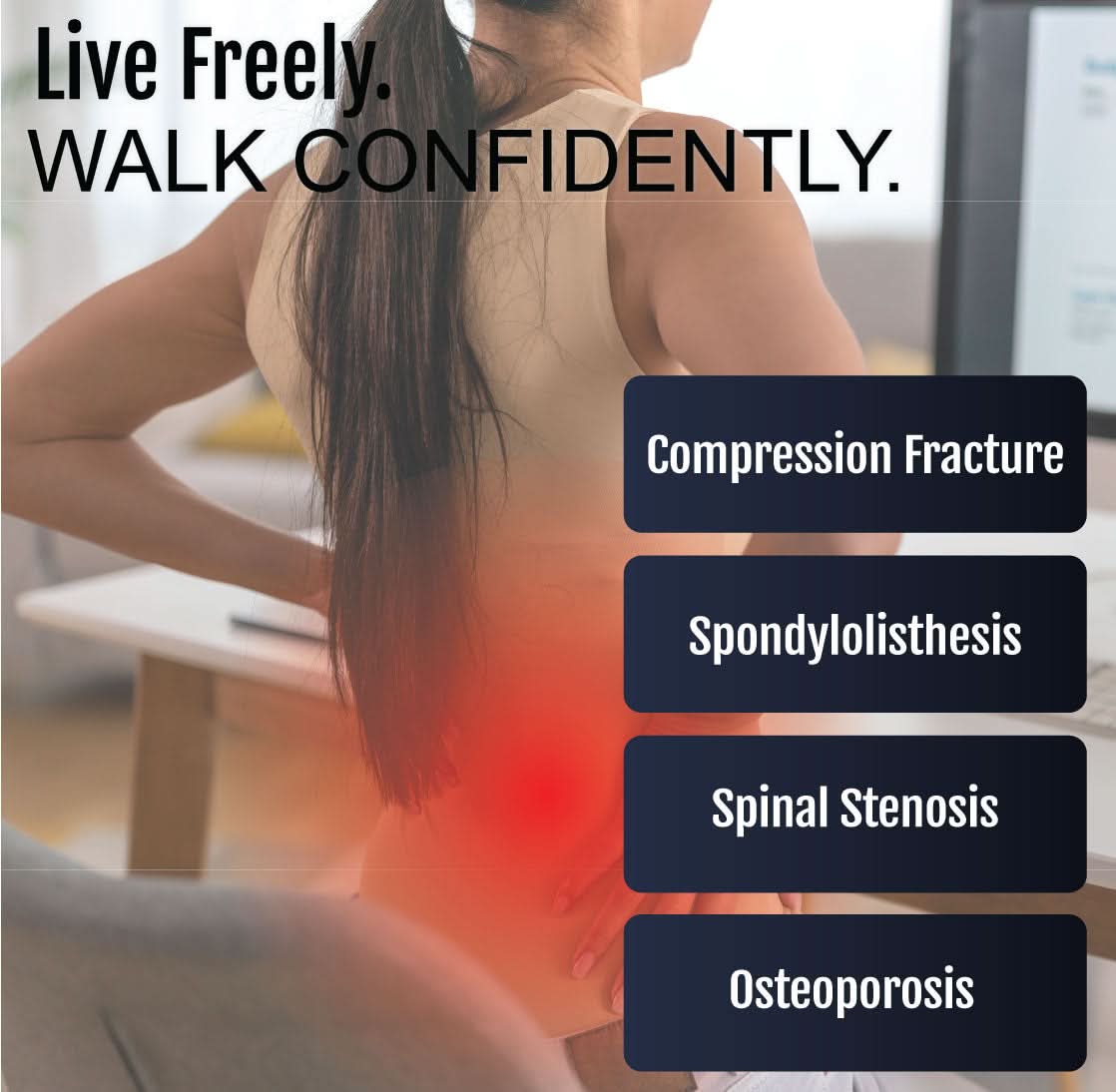 Woman wearing a black RCAI TLSO back brace around lower torso, highlighting lumbar support for spinal conditions, made in.