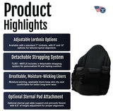 Black RCAI TLSO orthopedic brace showing adjustable lordosis options, detachable strapping system, breathable.