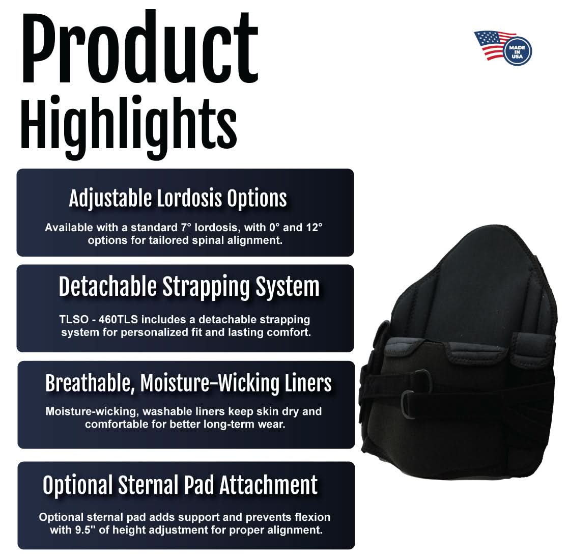 Black RCAI TLSO orthopedic brace showing adjustable lordosis options, detachable strapping system, breathable.