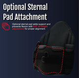Black RCAI TLSO back brace with adjustable optional sternal pad attachment, padded support, and height adjustment feature,.