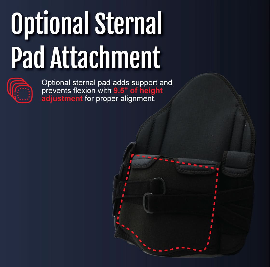 Black RCAI TLSO back brace with adjustable optional sternal pad attachment, padded support, and height adjustment feature,.