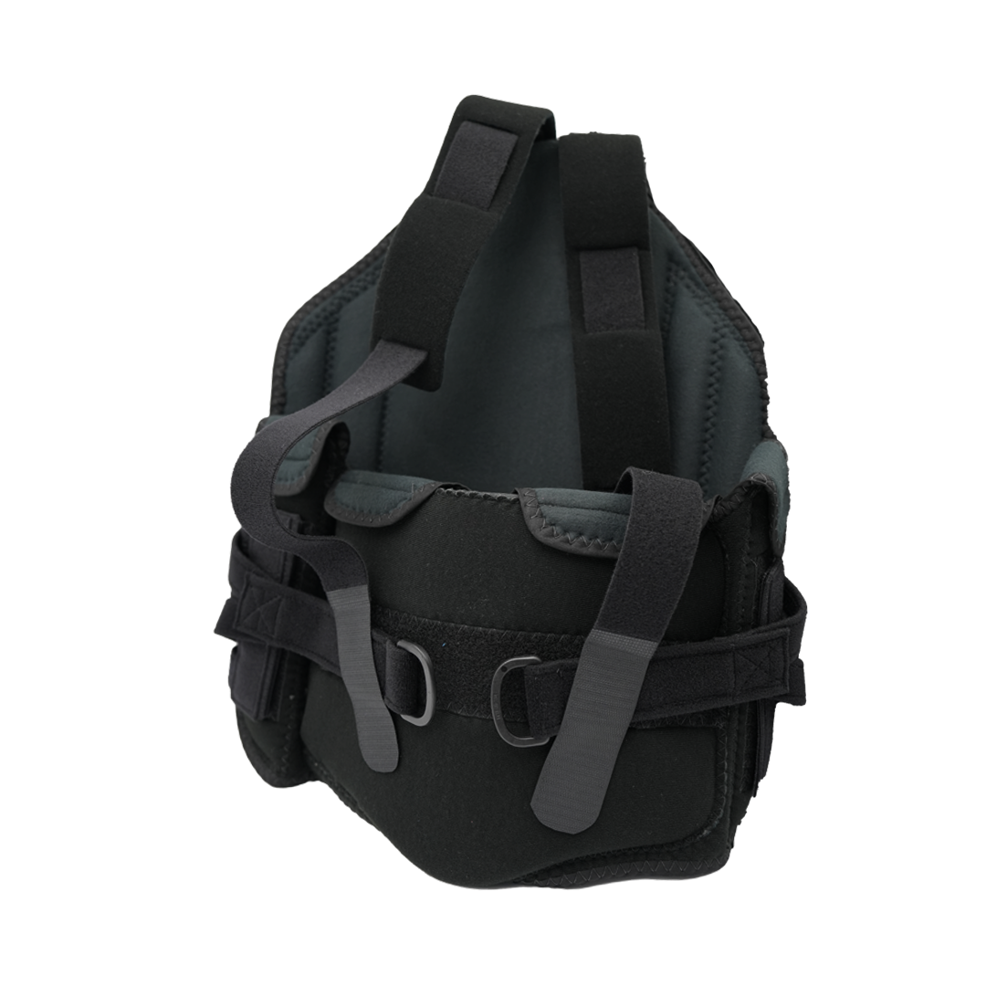 Black RCAI TLSO orthopedic brace with adjustable gray straps and padded interior, made in the USA, ideal for B2B orthopedics .